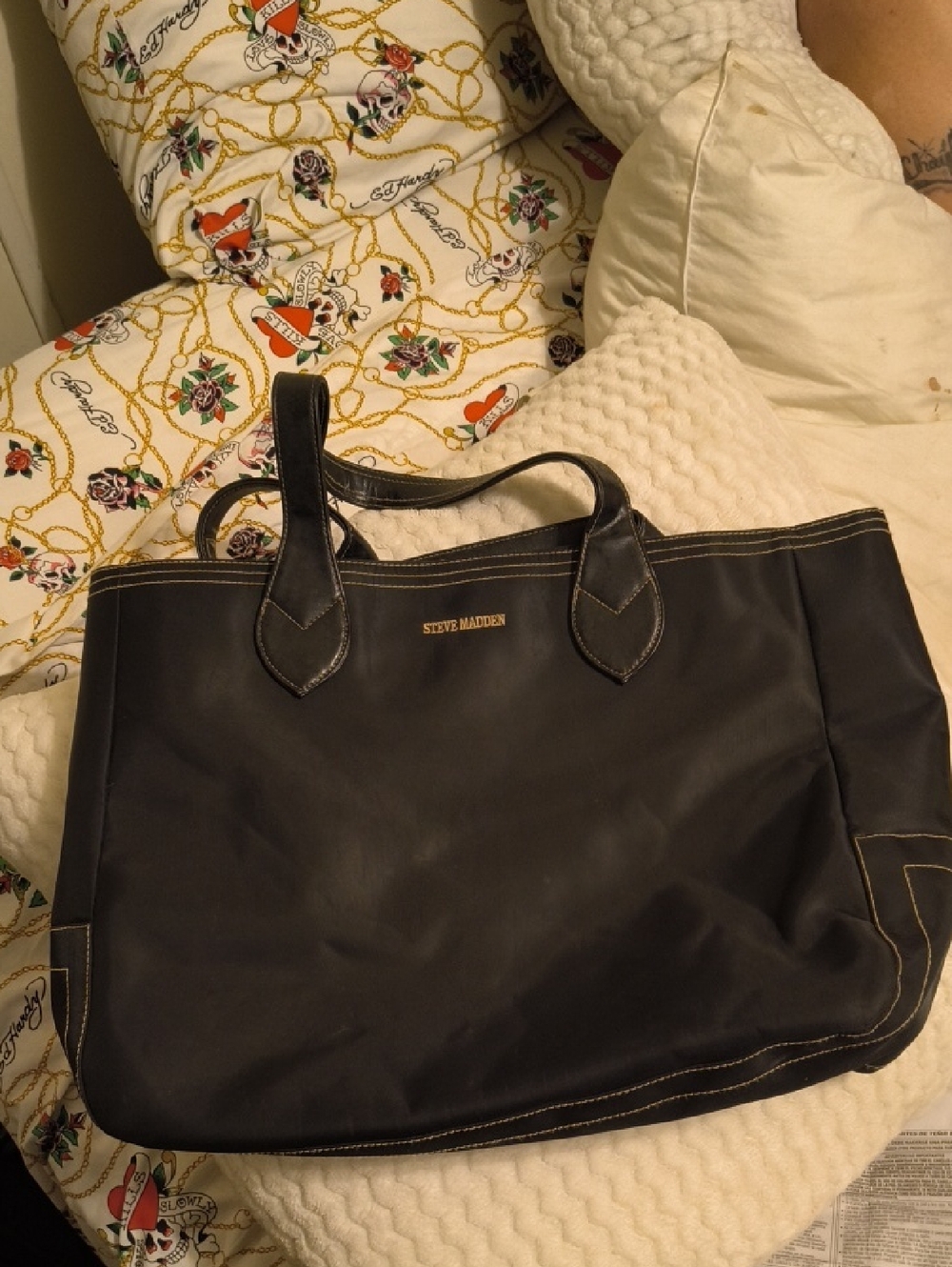 Steve Madden Black and Gold-Stitch Tote